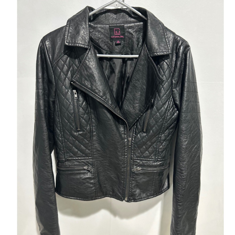 Material Girl Moto Jacket Medium Black Faux Leather Biker Edgy Streetwear Rocker